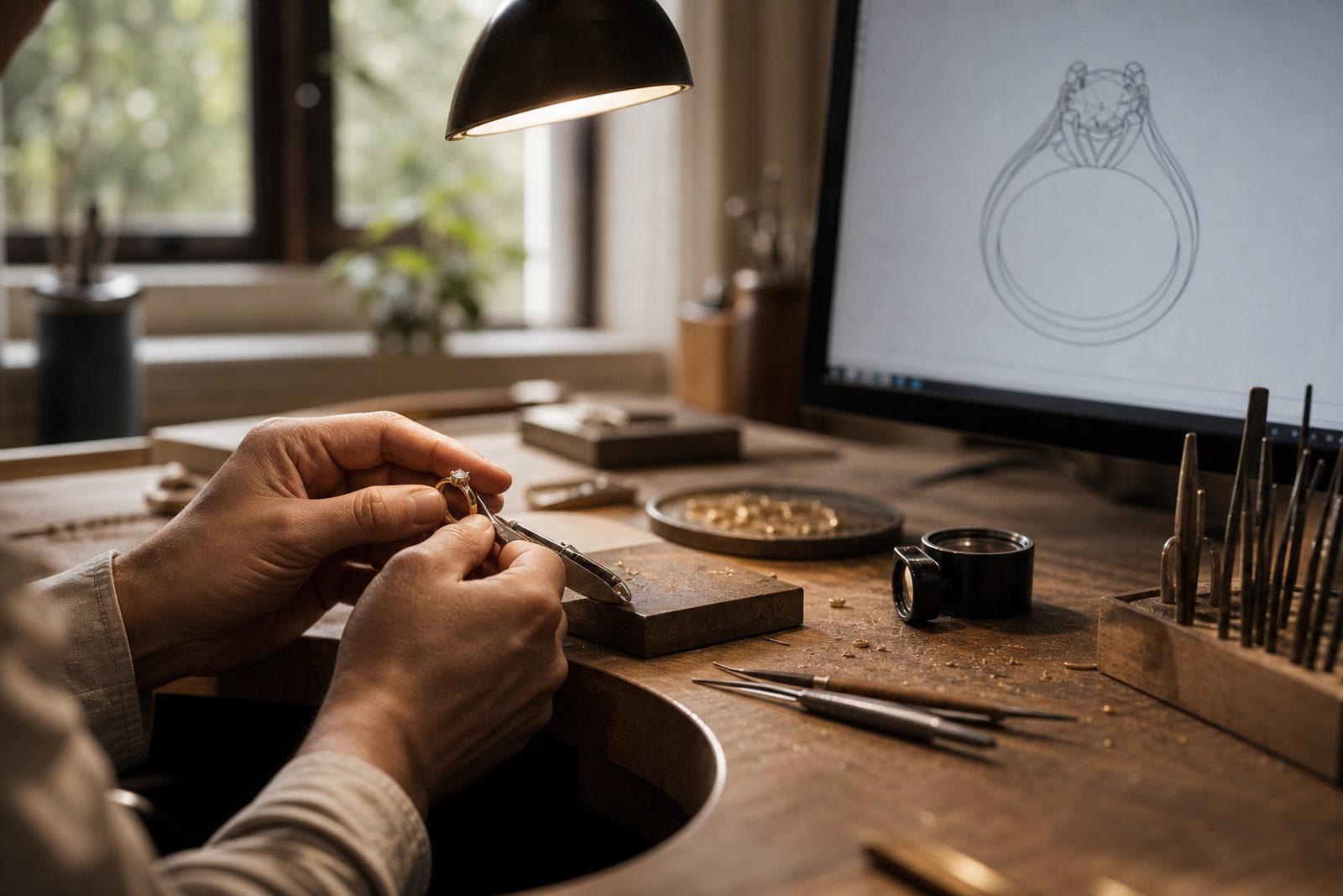 A jeweller setting a stone at the bench