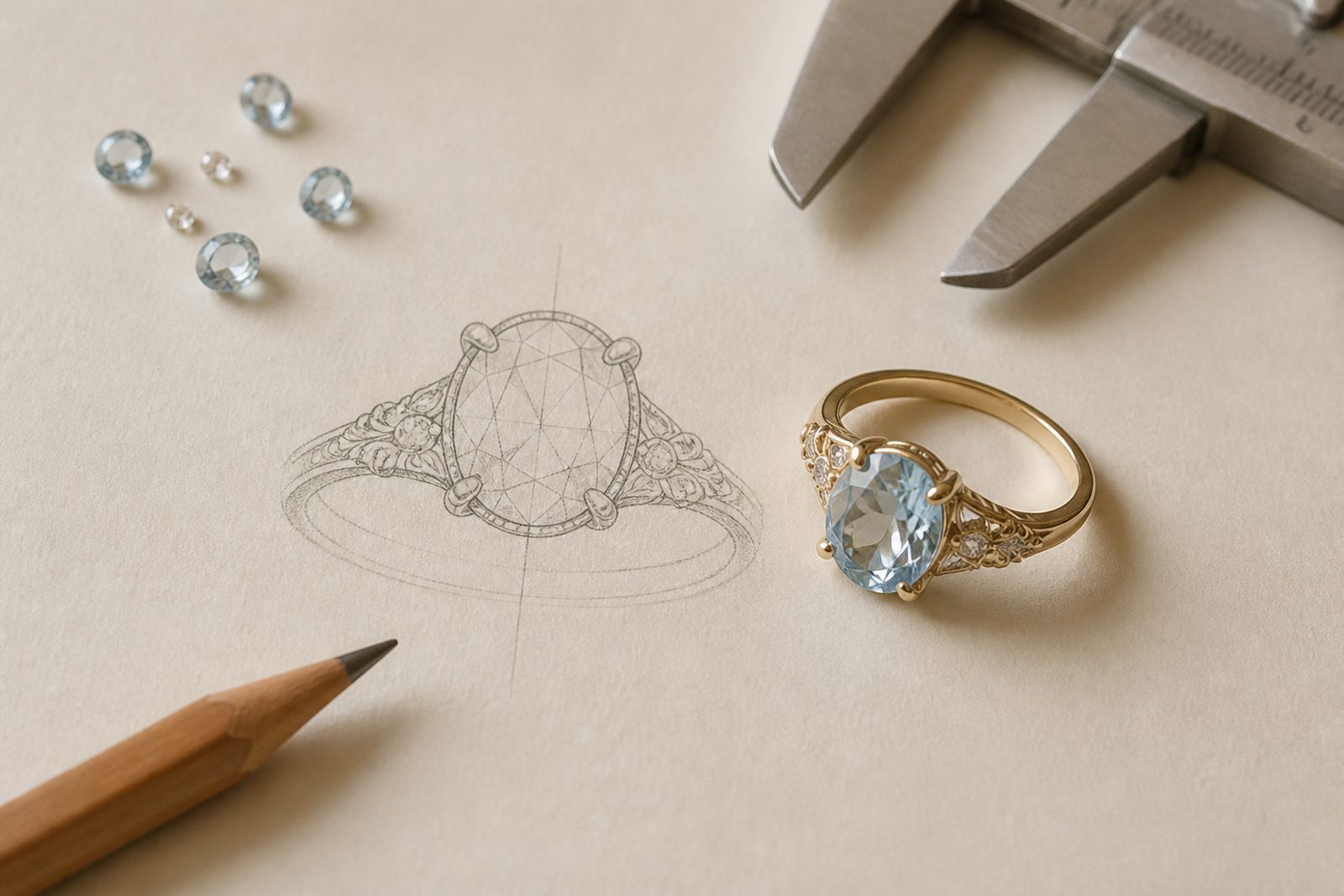 Hand-drawn line work beside the finished ring
